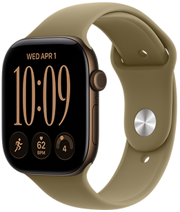 Apple Watch Series 12, boîtier en aluminium, bronze sombre, cadran Modulaire, complications : jour et date, Exercices, Fréquence cardiaque, Préparation, côté droit, Digital Crown, bouton latéral, Bracelet Sport, olive