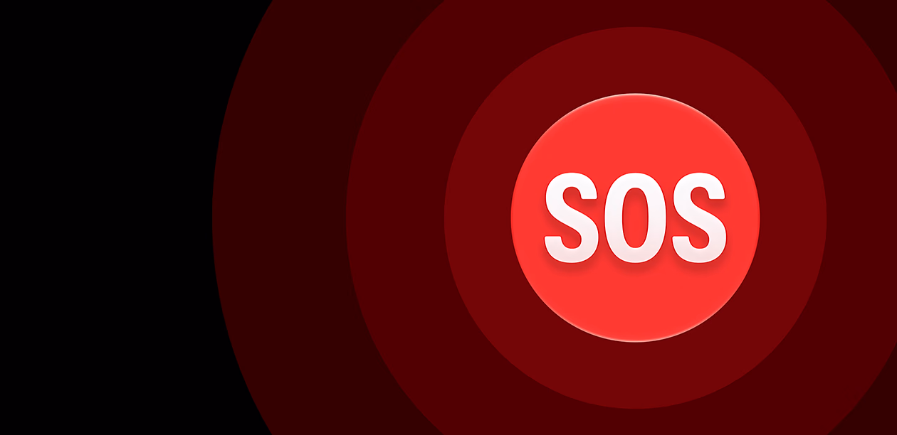 أيقونة طوارئ SOS، دوائر متحدة المركز باللون الأحمر مع كلمة SOS باللون الأبيض في الوسط