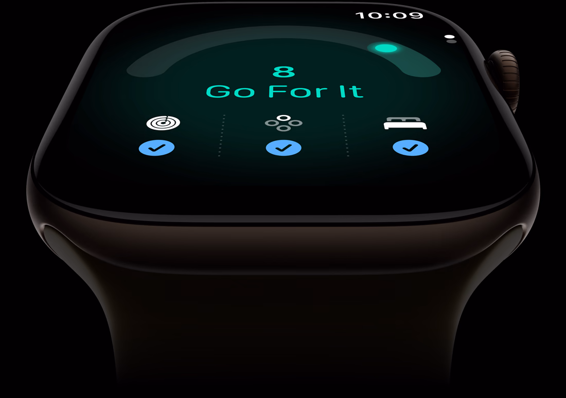 Apple Watch Series 12, aluminium case, dark bronze colour, readiness score of 8, right side exterior, Digital Crown, Sport Band, olive colour