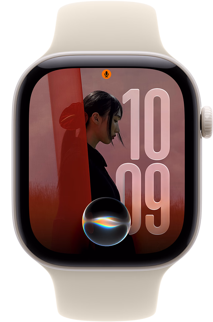 Apple Watch Series 12, ceramic case, pearl white colour, Photos watch face with Siri icon, right side exterior, Digital Crown, Sport Band, sand colour