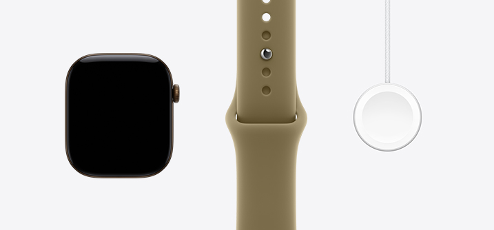 Apple Watch Series 12, boîtier en aluminium, bronze sombre, face avant, écran bord à bord, Bracelet Sport olive, Câble de charge rapide magnétique vers USB‑C pour Apple Watch