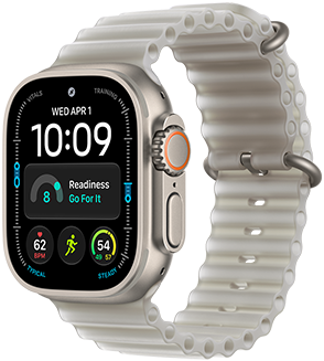 Apple Watch Ultra 4, boîtier en titane, finition naturelle, cadran Modulaire, complications : jour et date, préparation, fréquence cardiaque, exercice Course, Météo, côté droit, Digital Crown, bouton latéral en saillie, Bracelet Océan, gris translucide