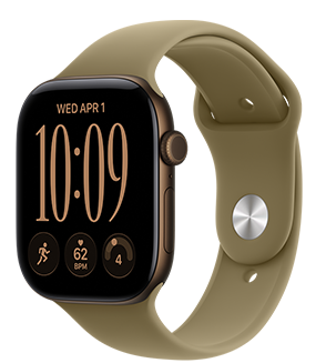 Apple Watch Series 12, boîtier en aluminium, finition bronze sombre, cadran Modulaire compact, complications : jour et date, exercice Course, fréquence cardiaque, préparation, côté droit, Digital Crown, bouton latéral, Bracelet Sport, couleur olive