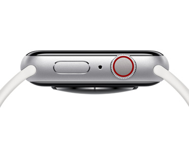 Apple Watch، لون فضي، الجزء الخارجي الأيمن، الزر الجانبي، فتحة ميكروفون، التاج الرقمي
