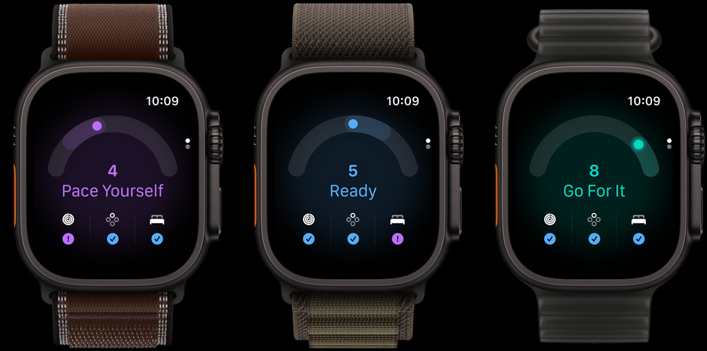 Three Apple Watch Ultra 4 devices: black titanium case, readiness score 4, dark umber Trail Loop strap, black titanium case, readiness score 5, dark olive Alpine Loop strap, black titanium case, readiness score 8, translucent black Ocean strap