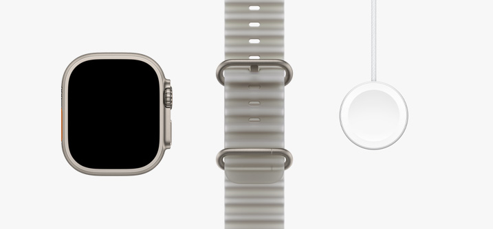 Apple Watch Ultra 4, boîtier en titane naturel, écran bord à bord, Bracelet Océan gris translucide, Câble de charge rapide magnétique vers USB‑C pour Apple Watch
