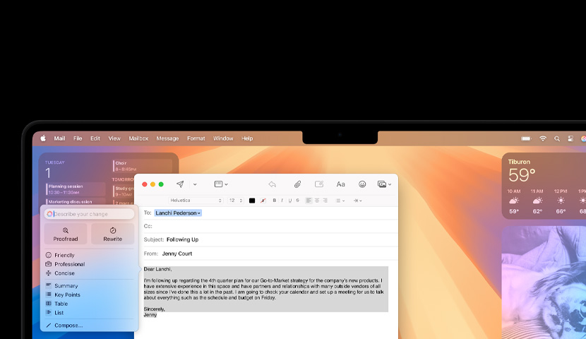 Ein Mac Schreibtisch mit einer geschäftlichen E‑Mail, die eine Apple Intelligence Anfrage enthält. Hinter dem E‑Mail Fenster befindet sich das Kalender Widget.