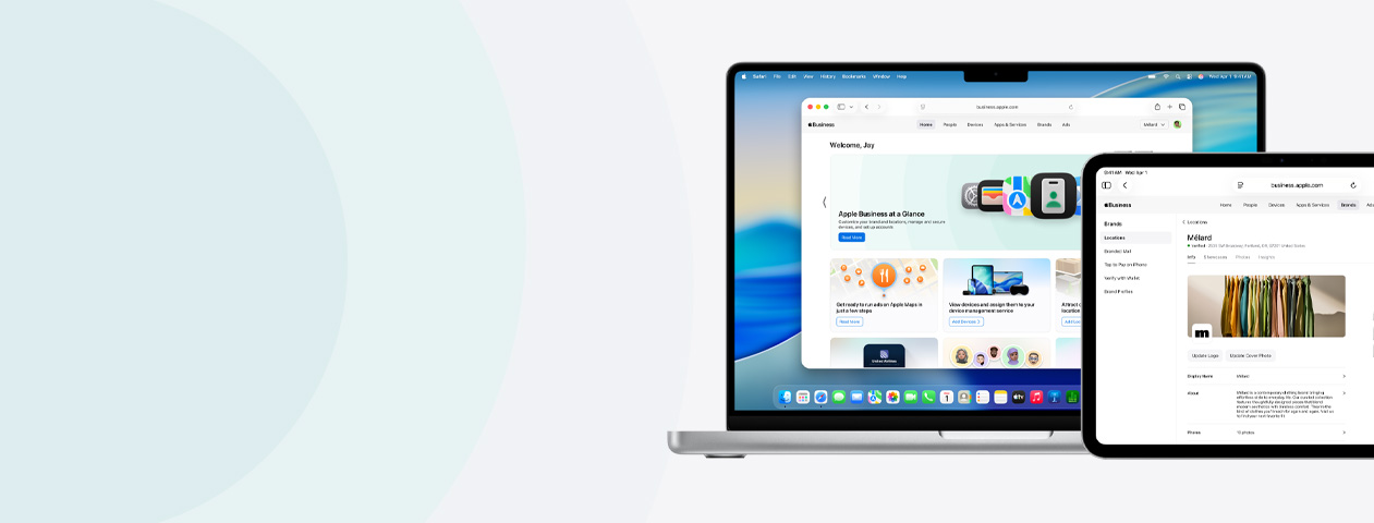 Apple-enheter som visar Apples företagstjänster
