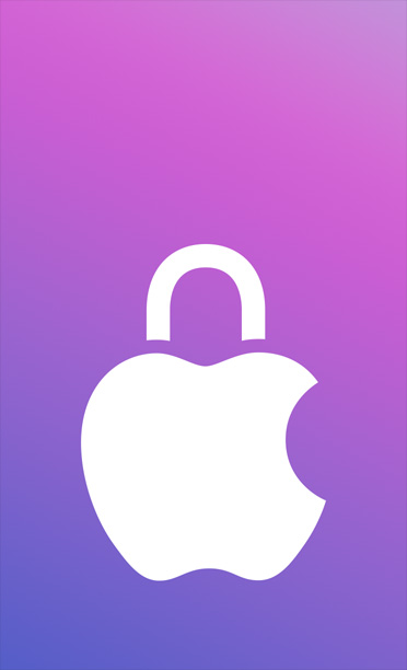 Apple med en ikon med ett hänglås ovanpå, bakgrund i lila färgövergång
