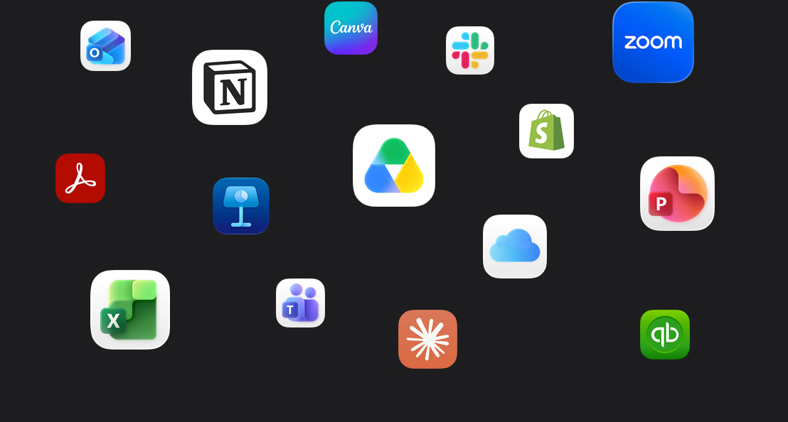 Appikoner utspridda på en mörk bakgrund: Microsoft Teams, Microsoft Excel, Canva, Shopify, Microsoft Powerpoint, Claude, Zoom, Notion, Keynote, Slack, Salesforce, Quickbooks, Google Drive, Acrobat Reader, Microsoft Outlook