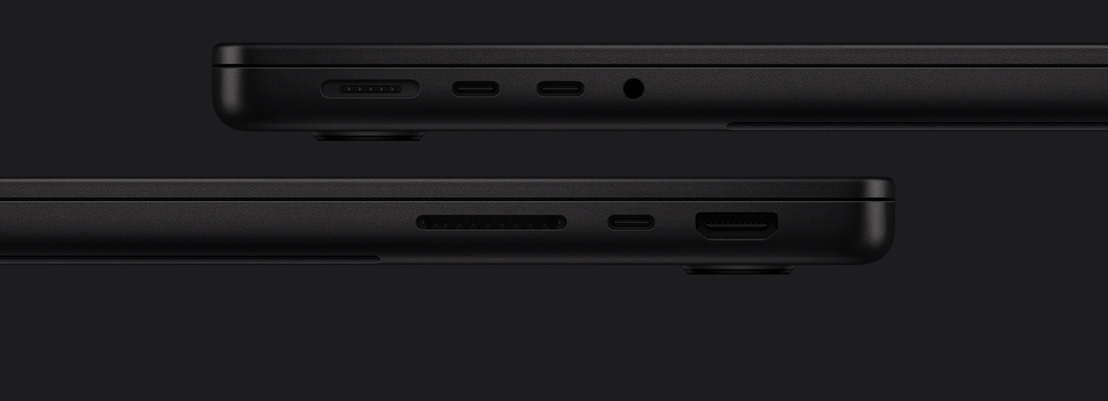 MacBook Pro-portar: vänster sida MagSafe, två Thunderbolt-portar, hörlursuttag, höger sida SDXC, Thunderbolt-port, HDMI
