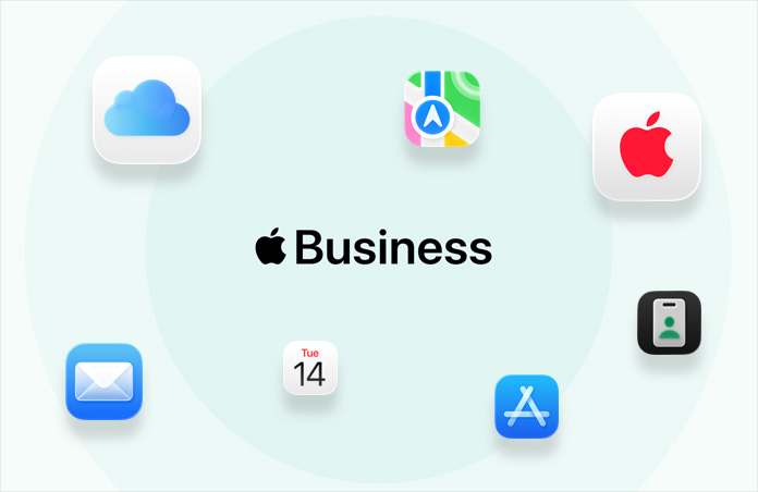 Apple Business omgiven av appikoner: iCloud, Kartor, AppleCare, Mail, Kalender, App Store, Apple Business-appen
