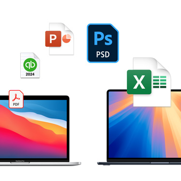 Widok z przodu na dwa stojące obok siebie MacBooki z różnymi kolorowymi tapetami. Nad MacBookami widać ikony plików ułożone w łuku. Wśród ikon plików znajdują się pliki Acrobat, QuickBooks, PowerPoint, Photoshop i Excel.
