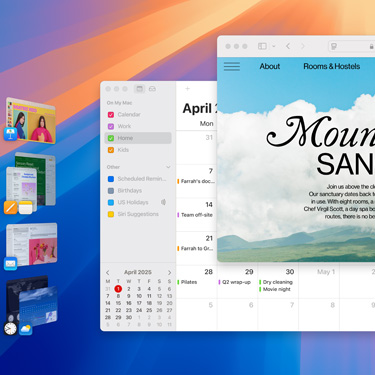 Várias janelas e apps apresentadas num ecrã, incluindo o Keynote, Pages, Mail e um site com conteúdo sobre um santuário sereno.