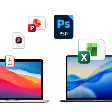 兩部 MacBook 並排的正面圖，分別展示不同色彩的桌面背景。各種檔案圖像以弧形排列呈現在 MacBook 上方。這些檔案圖像包括 Acrobat 檔案、Figma 檔案、PowerPoint 檔案、Photoshop 檔案和 Excel 檔案。