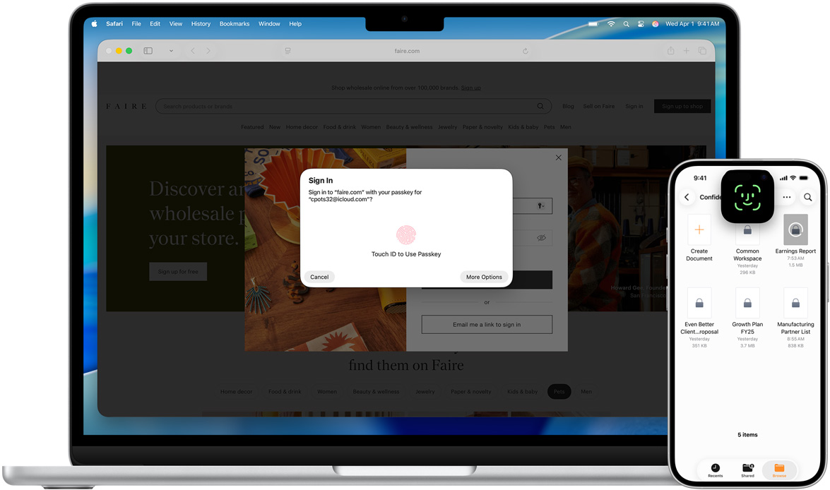 MacBook 展示 Touch ID 視窗，以及 macOS Tahoe 背景圖片。MacBook 的前方是 iPhone，展示 Face ID 畫面。