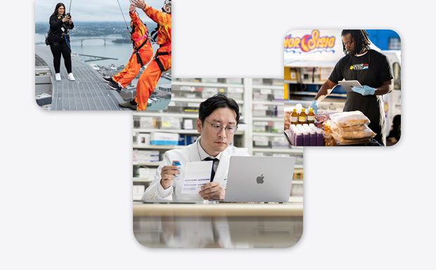 各種小型企業，包括穿著實驗袍的藥劑師在操作 MacBook、高空彈跳指導員手拿 iPhone 拍攝兩個即將進行高空彈跳的人、一名男子邊拿著 iPad 邊處理食物，以及一名女子以 iPad 為桌上擺設的襪子拍照
