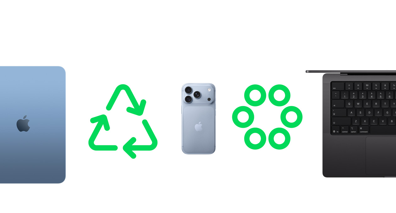 iPad Air Rückseite, blau, grünes Recycling Symbol, iPhone Air Rückseite, grünes Symbol für recycelte Materialien, MacBook Pro Tastatur, Teilansicht