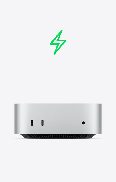 Symbol eines grünen Blitzes, Mac mini Vorderseite, zwei USB‑C Anschlüsse, Statusanzeige