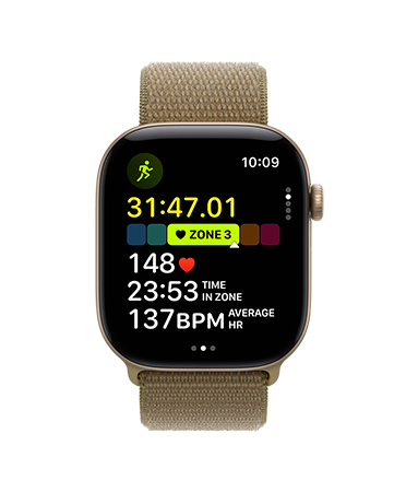 Apple Watch Series 12, aluminum case, light gold color, Outdoor Run workout open, heart rate in Heart Zone 3, Sport Loop band, olive color (brownish-green)