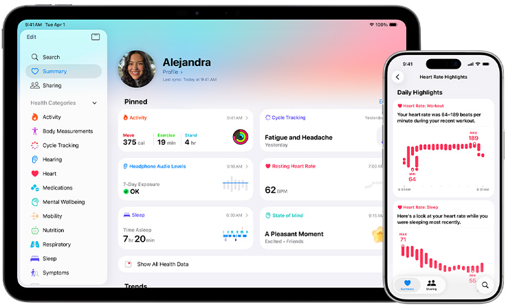 Health app with summary of health information including activity, cycle tracking, headphone audio levels, resting heart rate, sleep, state of mind
