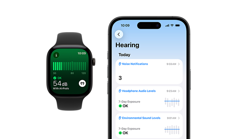 Apple Watch Series 12, aluminum case, black color, Noise app, Sport Band, black color, detailed Hearing daily summary open on paired iPhone