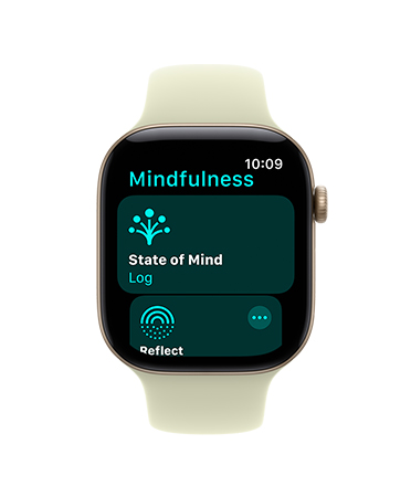 Apple Watch Series 12, aluminum case, light gold color, Mindfulness app open, Sport Band, pale succulent color (light yellow-green)
