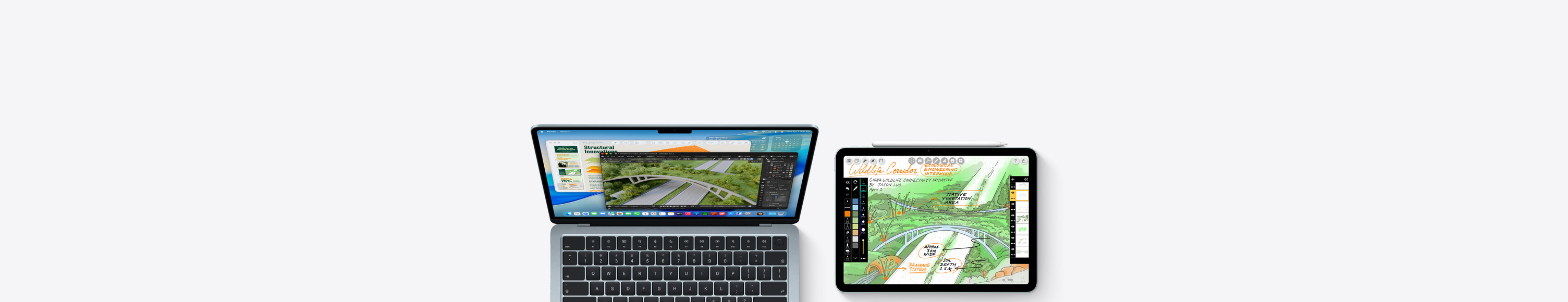 Mac and iPad, screens showing college coursework across various apps