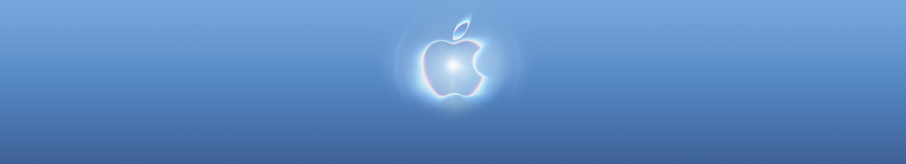 Apple logo with a glowing neon effect in blue and pink hues, a bright white flare at its center, on a gradient background