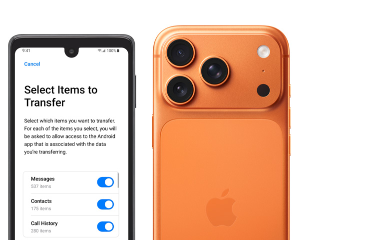 Pokazane obok siebie ekran urządzenia z systemem Android z widoczną aplikacją Przenieś do iOS oraz iPhone 17 Pro, tył obudowy, system pro aparatów Fusion, 3 obiektywy, mikrofon, flesz