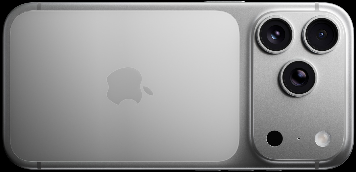 Parte de trás do iPhone 17 Pro prateado, sistema de câmera Pro Fusion com três lentes, microfone e flash