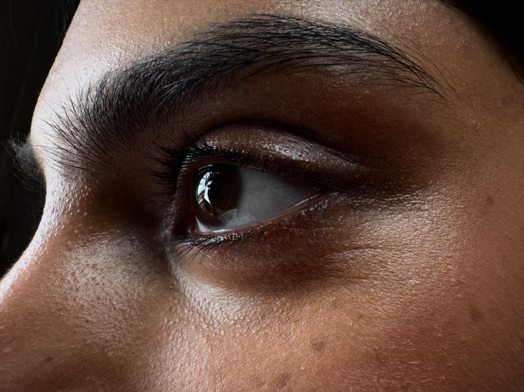 Uma mulher sendo fotografada em um ambiente vazio. Close da lateral de mulheres com foco nos olhos. O app Fotos alterna entre as distâncias focais para demonstrar os recursos do sistema de câmera Pro, mostrando: macro