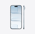 Parte da frente do iPhone Air na cor azul-céu, Dynamic Island centralizada na parte superior, e parte lateral mostrando o design superfino, o botão lateral e o Controle da Câmera