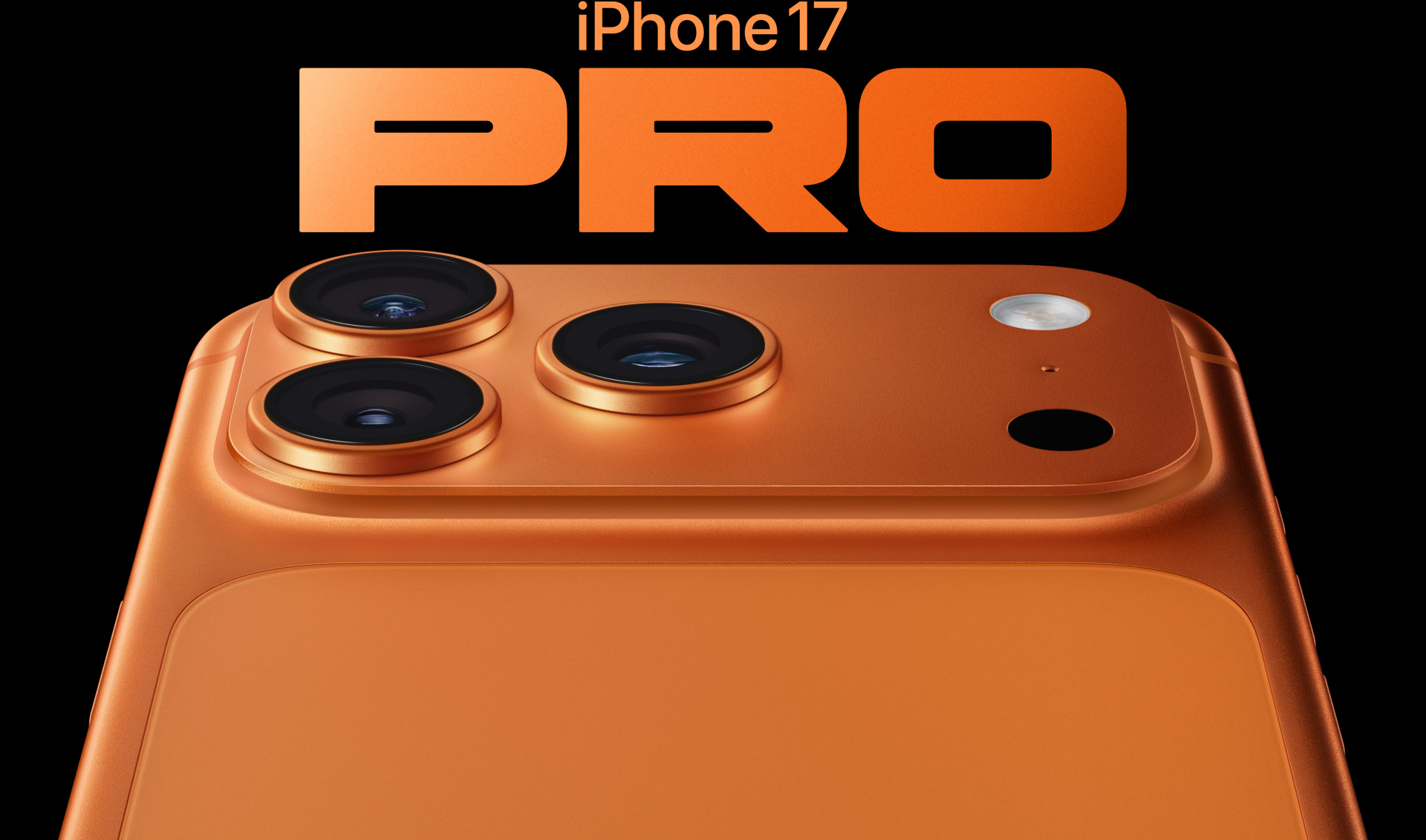 Imagem parcial da parte de trás do iPhone 17 Pro laranja-cósmico, sistema de câmera Pro no canto superior esquerdo, três lentes, microfone e flash