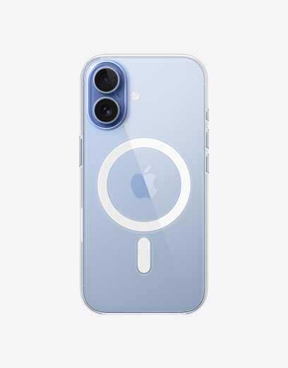iPhone 17, baksida, transparent skal med MagSafe, Fusion-dubbelkamerasystem i det övre vänstra hörnet