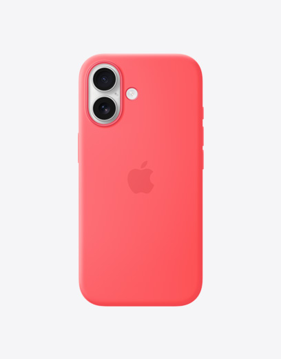 iPhone 17, baksida med gult silikonskal, Fusion-dubbelkamerasystem i övre vänstra hörnet, Apple-logotyp i mitten