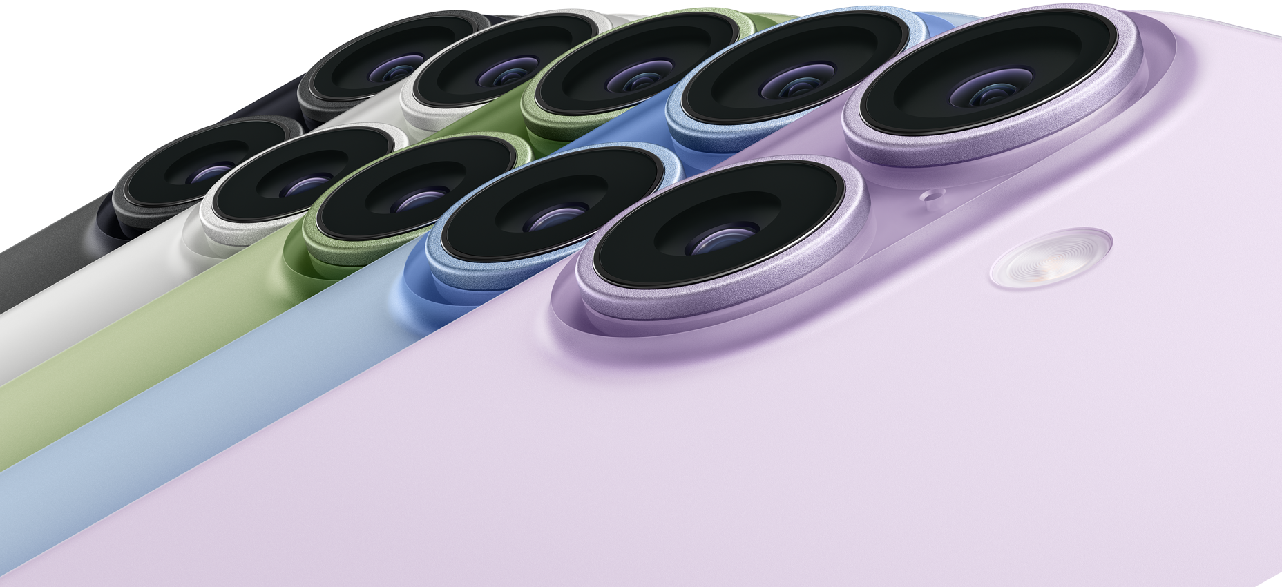 Fem iPhone 17-enheter, baksida, övre vänstra hörnet, Fusion-dubbelkamerasystem, färger: svart, vit, salvia, disblå, lavendel