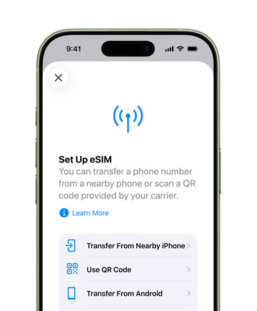 iPhone 17, framsida, funktionen Lägg till mobiltjänst används för att enkelt överföra ett telefonnummer med eSIM