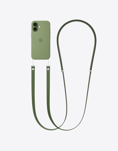 iPhone 17, back exterior, green case, green Cross Body strap attached