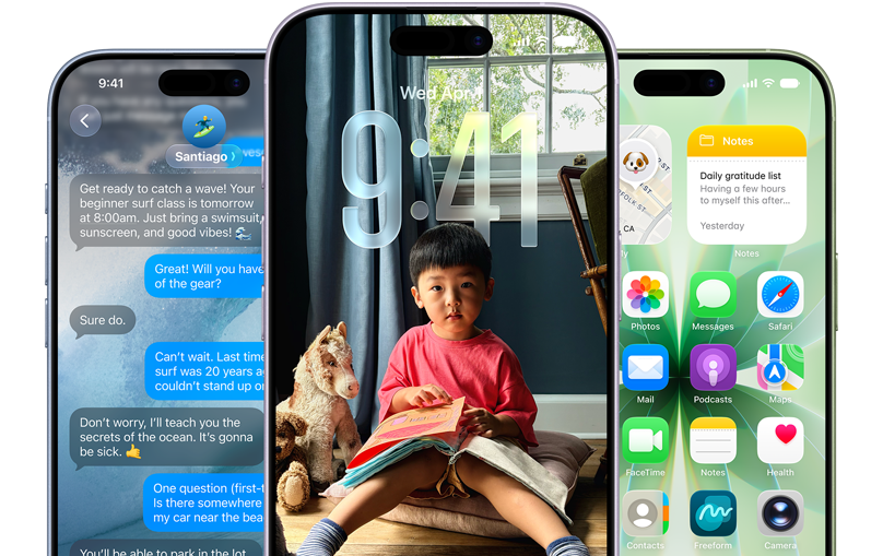 Three iPhone 17 devices. Each displays either a Messages screen, lock screen, or home screen