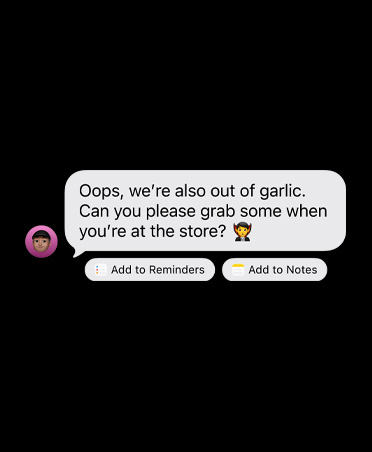 受け取ったiMessageの下に、提案されたアクションとして「Add to Reminders」と「Add to Notes」の2つのボタンが表示されている