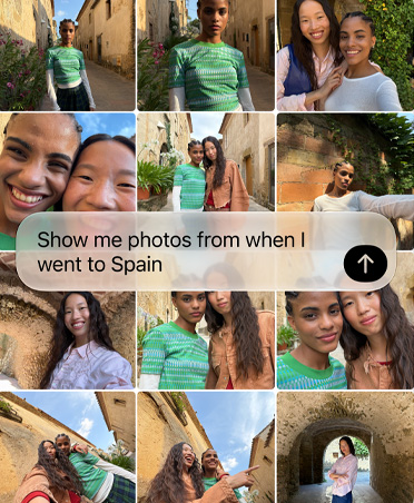 Collage of photos from a trip, featuring multiple individuals in various settings. Overlay text reads: Show me photos from the last time I went to Spain