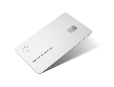 Apple Card, front, Apple logo in top left, cardholder name in middle left Marisa Robertson, card chip in middle right