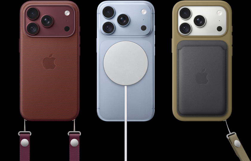 From left to right, iPhone 18 Pro in Burgundy leather case with Burgundy Crossbody strap, middle iPhone 18 Pro in Glacier with White MagSafe charger attached, right iPhone 18 Pro in Silver in green phone case, black leather wallet case with wrist strap.