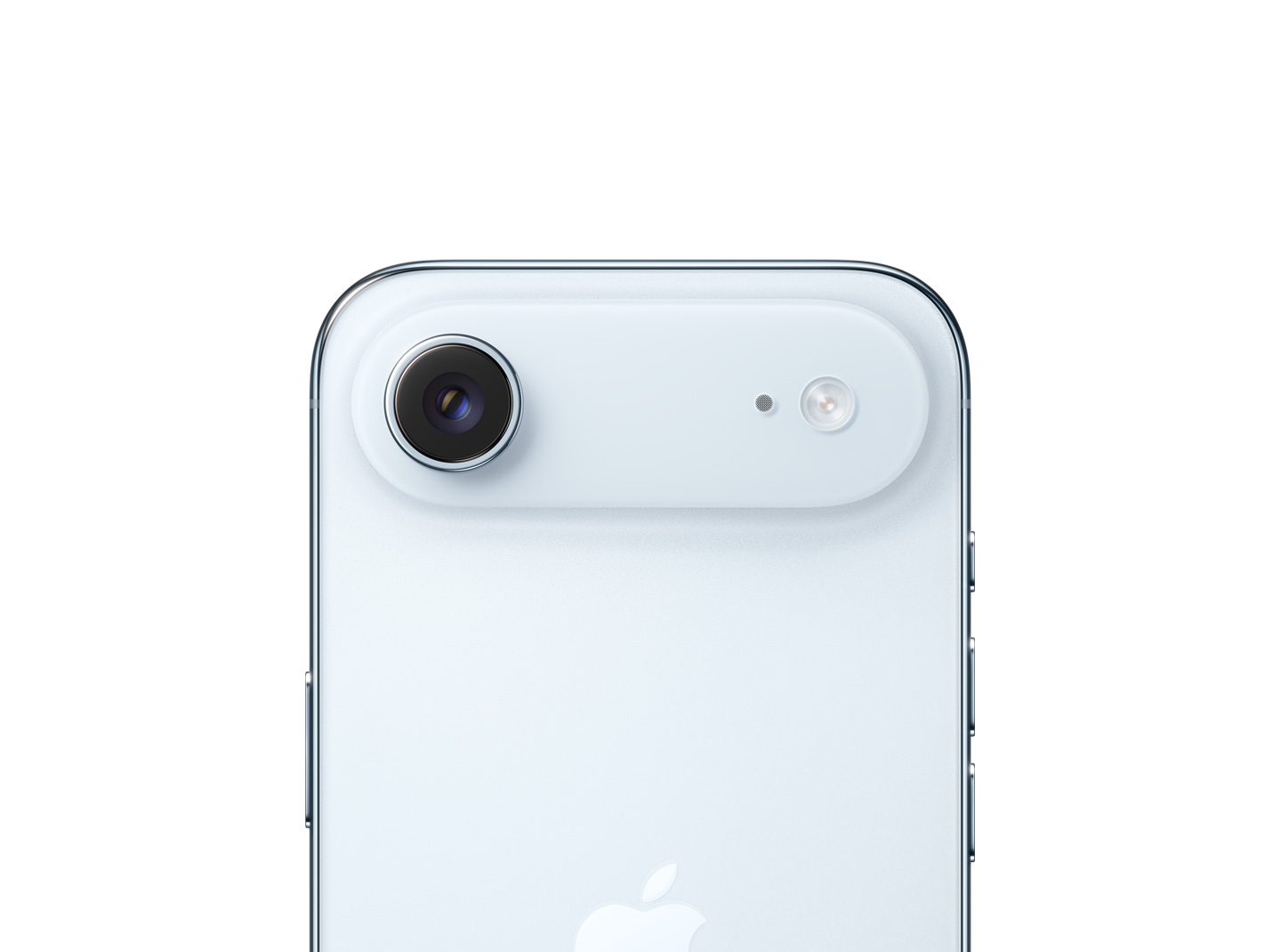 Vista traseira do iPhone Air azul-céu, sistema de câmara principal Fusion em relevo no topo
