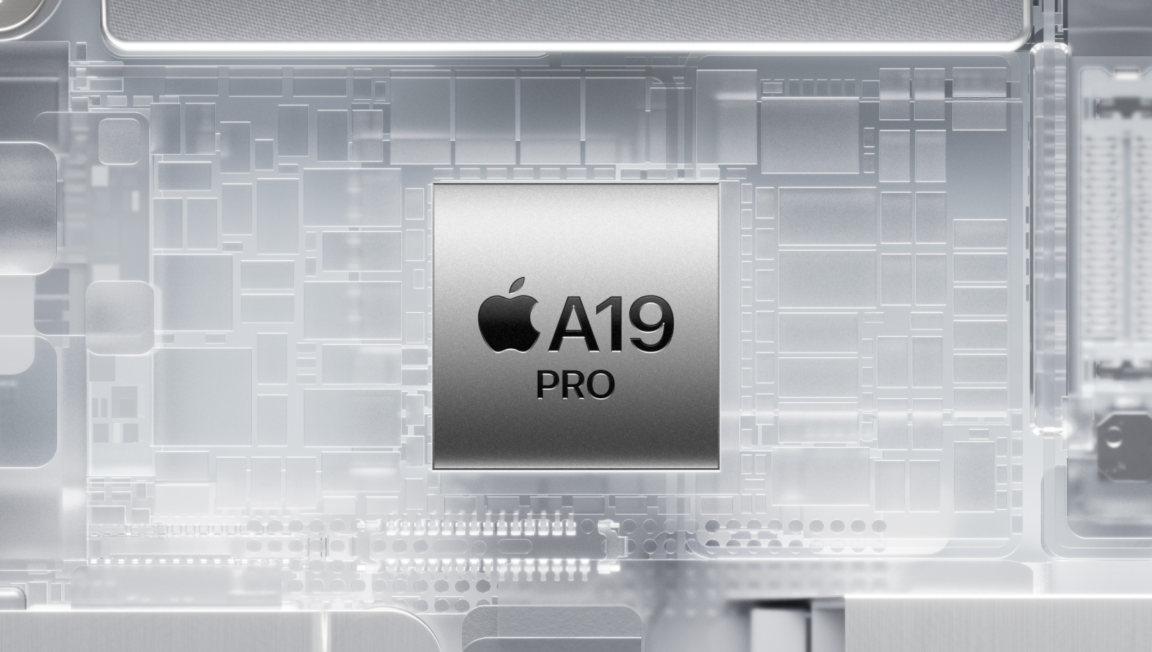 Processador A19 Pro rodeado por componentes internos brilhantes do iPhone