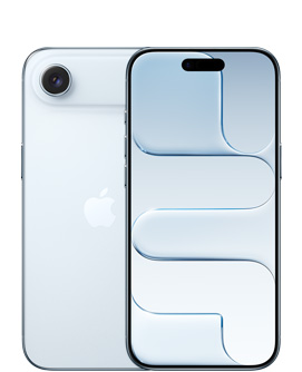 iPhone Air, Rückseite, Farbe Himmelblau, Fusion Kamera-System oben, Apple Logo in der Mitte, Vorderseite, Farbe Himmelblau, Dynamic Island mittig oben