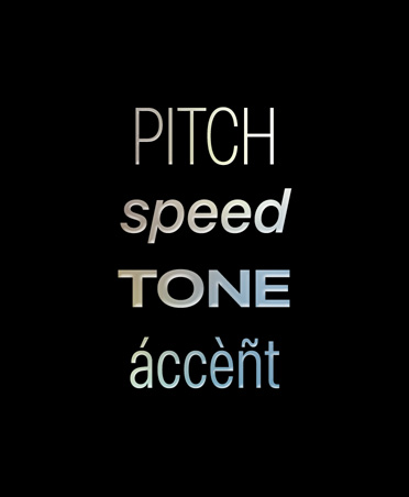黑色背景上寫著表示聲線特徵的文字，文字顯示：pitch、speed、tone、accent