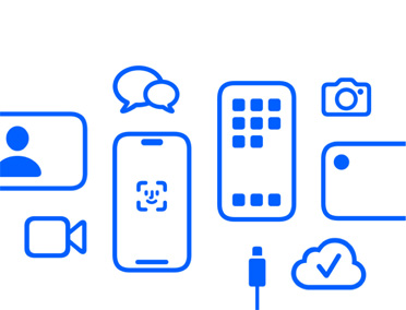 Apple devices en features, iCloud, iPhone met Face ID en oplaadkabel, Camera, Berichten