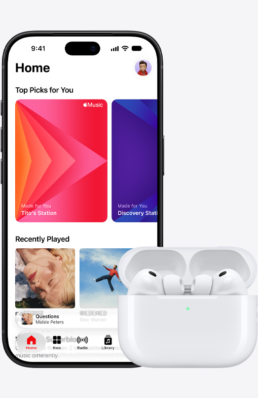 iPhone 18 Pro, front exterior, Apple Music homescreen displayed on screen, next to Airpods Pro 3 in open MagSafe Charging Case